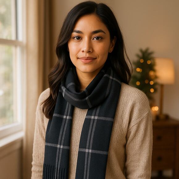 Bleu Nero New York Gray Plaid Viscose Scarf Cozycore Minimalist Winter Quietlux - Picture 3 of 8